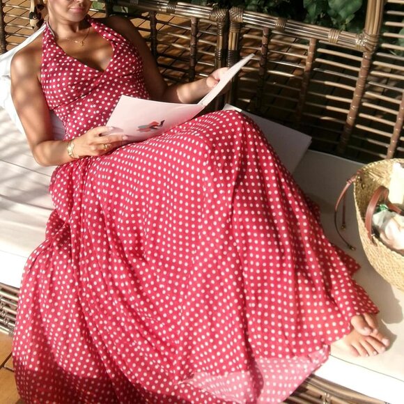 Women's Polka Dot Maxi Dress Polyester Spandex Halter Neck Party Beach Wear - Picture 2 of 6